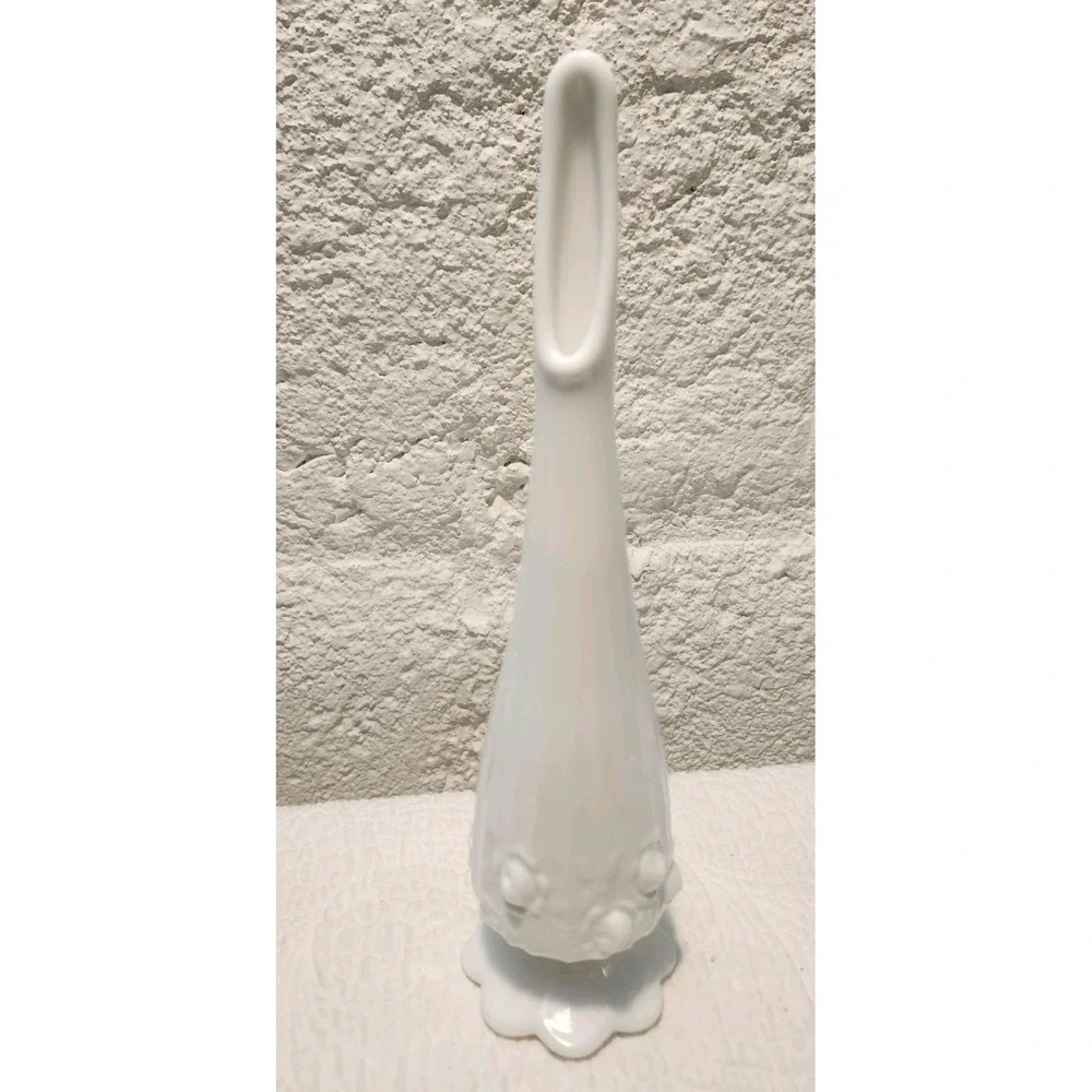 Vintage Fenton white milk glass bud vase, Cabbage Rose Pattern 10